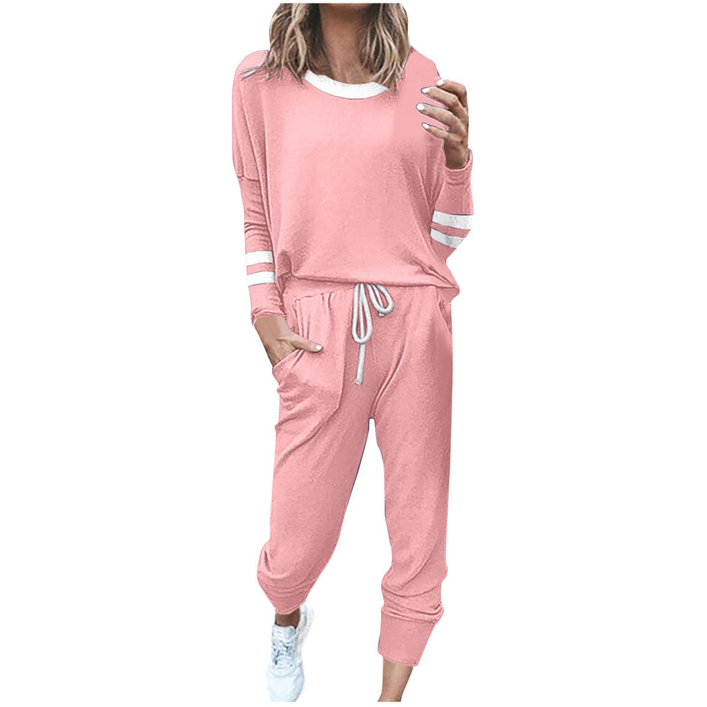 Women's Fashionable Loose Color Block Striped Long Sleeve Round Neck Drawstring Sports Casual Top Plus Pants Set Autumn 2025