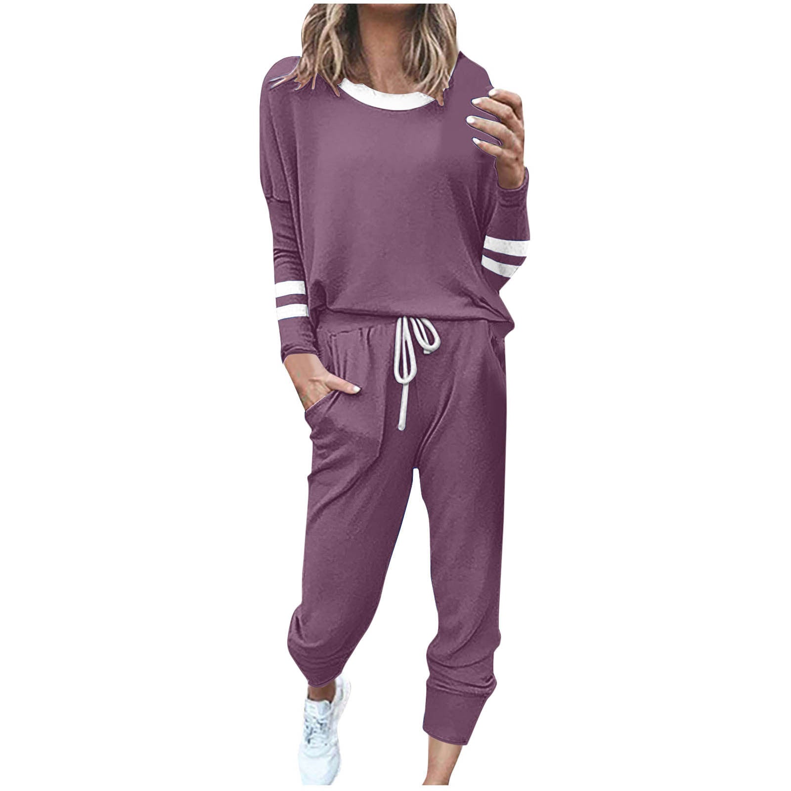 Women's Fashionable Loose Color Block Striped Long Sleeve Round Neck Drawstring Sports Casual Top Plus Pants Set Autumn 2025