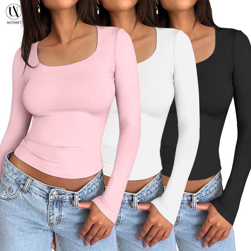 Women's 3 Pack Long Sleeve Crop Tops Slim Fit Y2K Fashion Basic Layering Shirts Haze Blue White Black Minimalist Casual Korean Style Everyday Womenswear Short