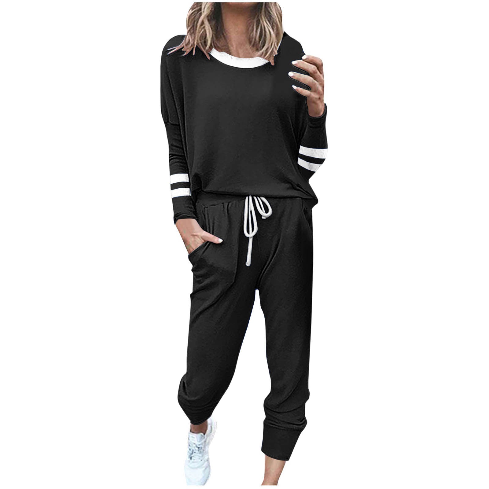Women's Fashionable Loose Color Block Striped Long Sleeve Round Neck Drawstring Sports Casual Top Plus Pants Set Autumn 2025