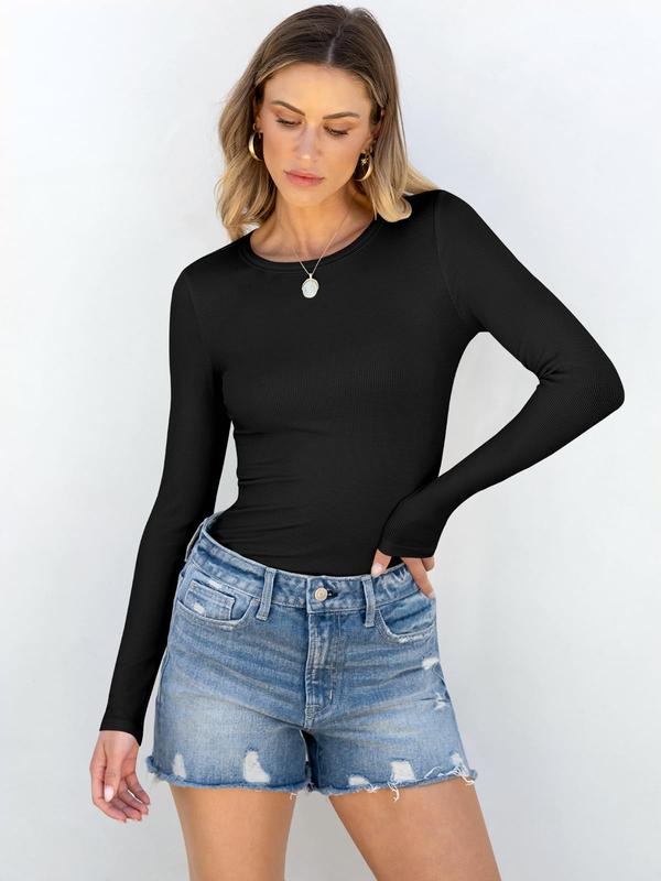 Women Long Sleeve Crewneck Rib Knit Slim Fit Shirts Basic Tee Tops 2026 Casual  Going Out Workout Outfits Womenswear Knitwear