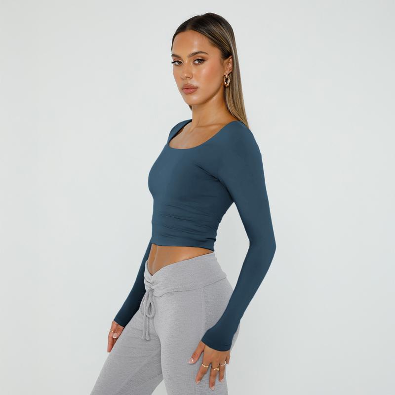 Women's 3 Pack Long Sleeve Crop Tops Slim Fit Y2K Fashion Basic Layering Shirts Haze Blue White Black Minimalist Casual Korean Style Everyday Womenswear Short