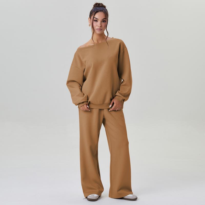 Women's Leisure Solid Color Sloping Shoulder Long Sleeve Top & Wide Leg Trousers Co-ord, Cozy Scoop Neck Loose Two Piece Outfits, Basic Womenswear