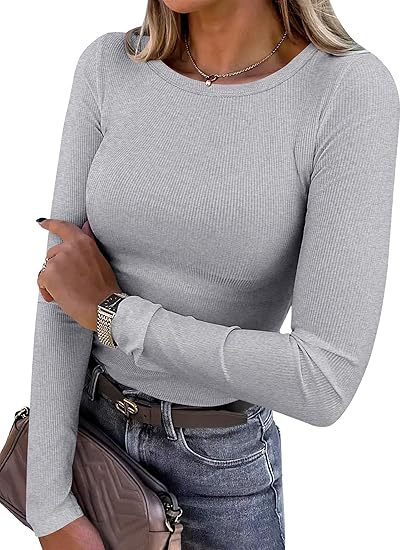 Women Long Sleeve Crewneck Rib Knit Slim Fit Shirts Basic Tee Tops 2026 Casual  Going Out Workout Outfits Womenswear Knitwear