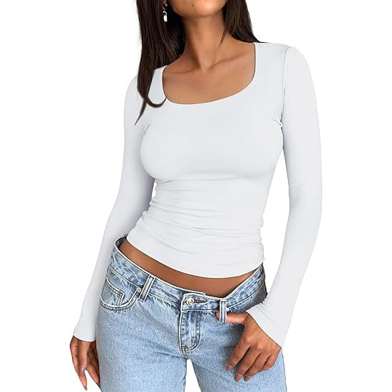 Women's 3 Pack Long Sleeve Crop Tops Slim Fit Y2K Fashion Basic Layering Shirts Haze Blue White Black Minimalist Casual Korean Style Everyday Womenswear Short