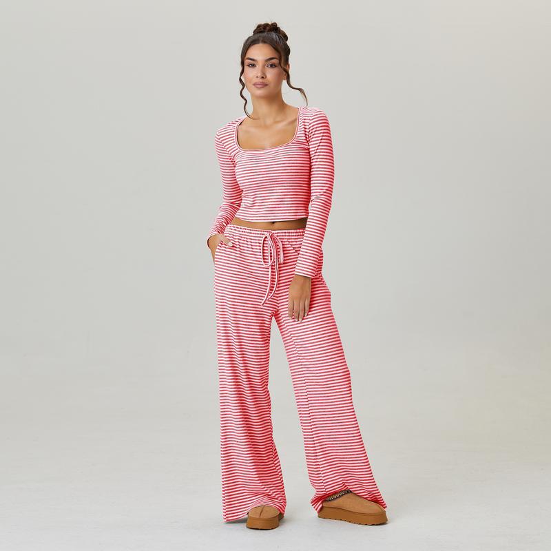 KatchMe Women's Slouchy Square Neck Stripe Long Sleeve Crop Top & Low-Rise Wide Leg Trousers Co-ord, Minimalist Two Piece Outfits, Cozy Womenswear(US/CN)
