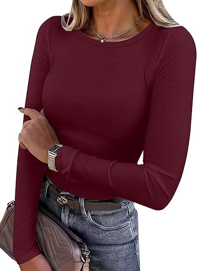 Women Long Sleeve Crewneck Rib Knit Slim Fit Shirts Basic Tee Tops 2026 Casual  Going Out Workout Outfits Womenswear Knitwear