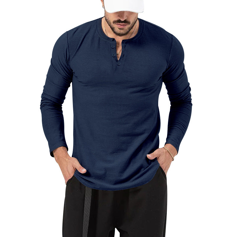 Mens 2026 Fall Fashion Casual Henley Shirt Long Sleeve T-Shirt Slim Fitted Shirts Curved Hem for Athletic Gym Workout