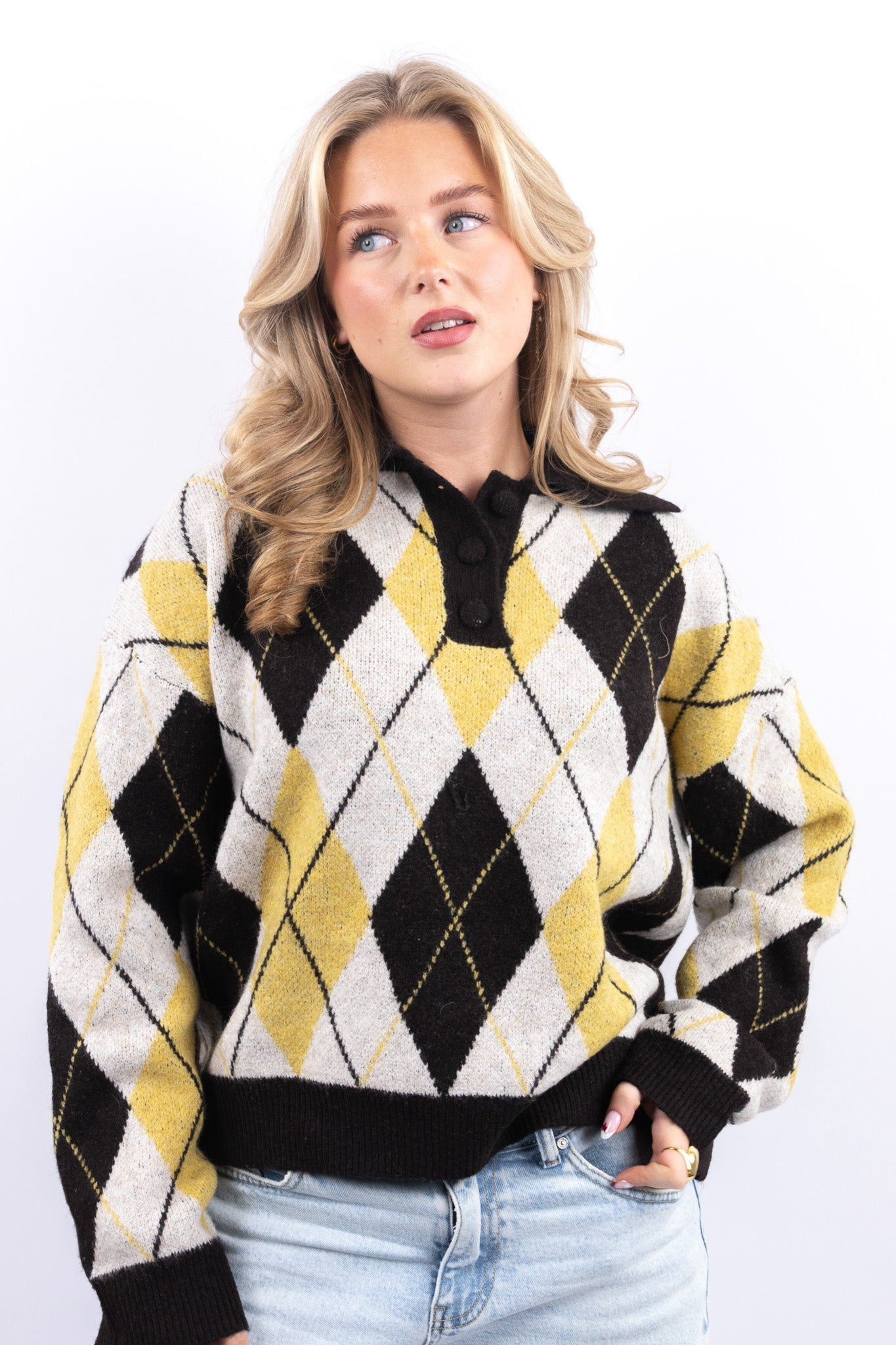 Buttoned Argyle Knit