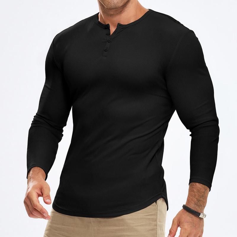 Mens 2026 Fall Fashion Casual Henley Shirt Long Sleeve T-Shirt Slim Fitted Shirts Curved Hem for Athletic Gym Workout