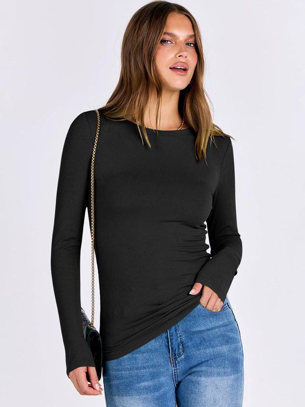 Women Long Sleeve Crewneck Rib Knit Slim Fit Shirts Basic Tee Tops 2026 Casual  Going Out Workout Outfits Womenswear Knitwear