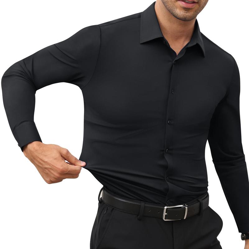 Elencoco Men's Super Stretchy Dress Shirt Quick-Drying Breathable Anti-Wrinkle Muscle Slim Long-Sleeved Business Sports Casual Black Top Outdoorfun Beige Fabric,Father's Day Gift Workwear Menswear,Black Friday